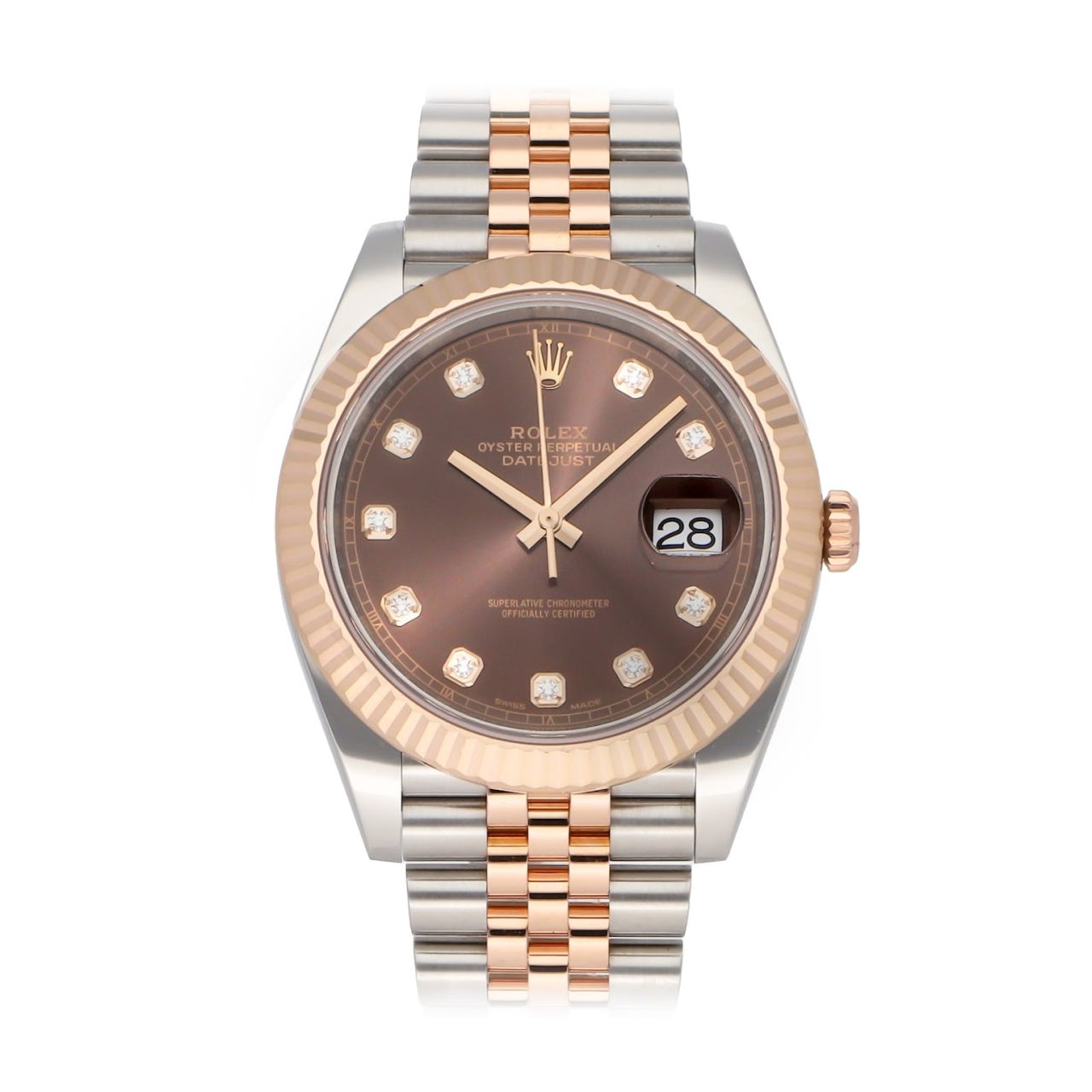 Rolex Datejust 126331-0004 in stainless steel and Everose gold with a 41mm case, brown dial with diamond markers, and a two-tone Oyster bracelet.