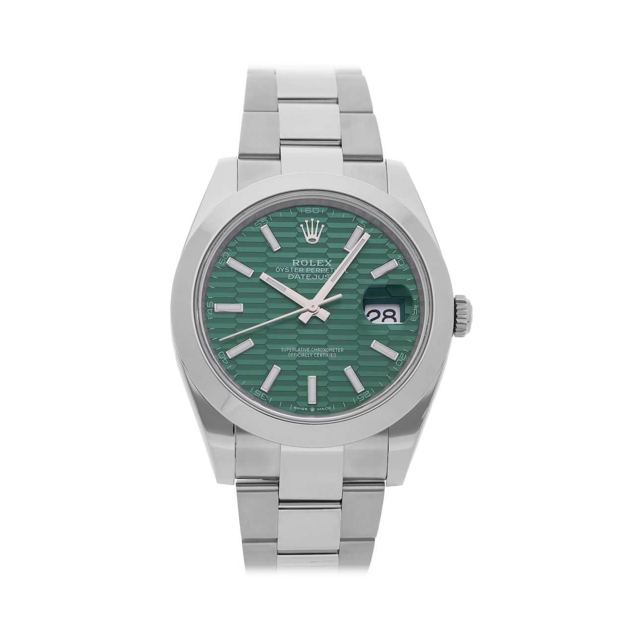 Rolex Datejust 126300-0021 in stainless steel with a 41mm case and green dial, featuring a stainless steel Oyster bracelet. Comes with original box and papers.