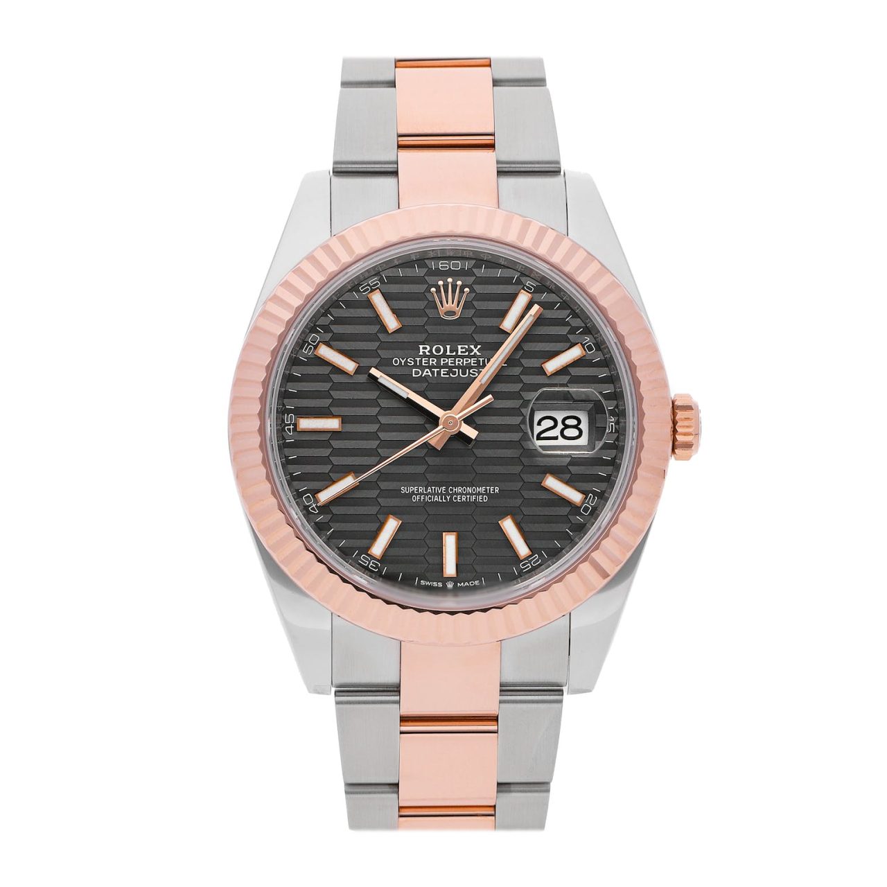 Rolex Datejust 126331-0019, 41mm stainless steel case, gray dial with index markers, two-tone rose and stainless steel bracelet.
