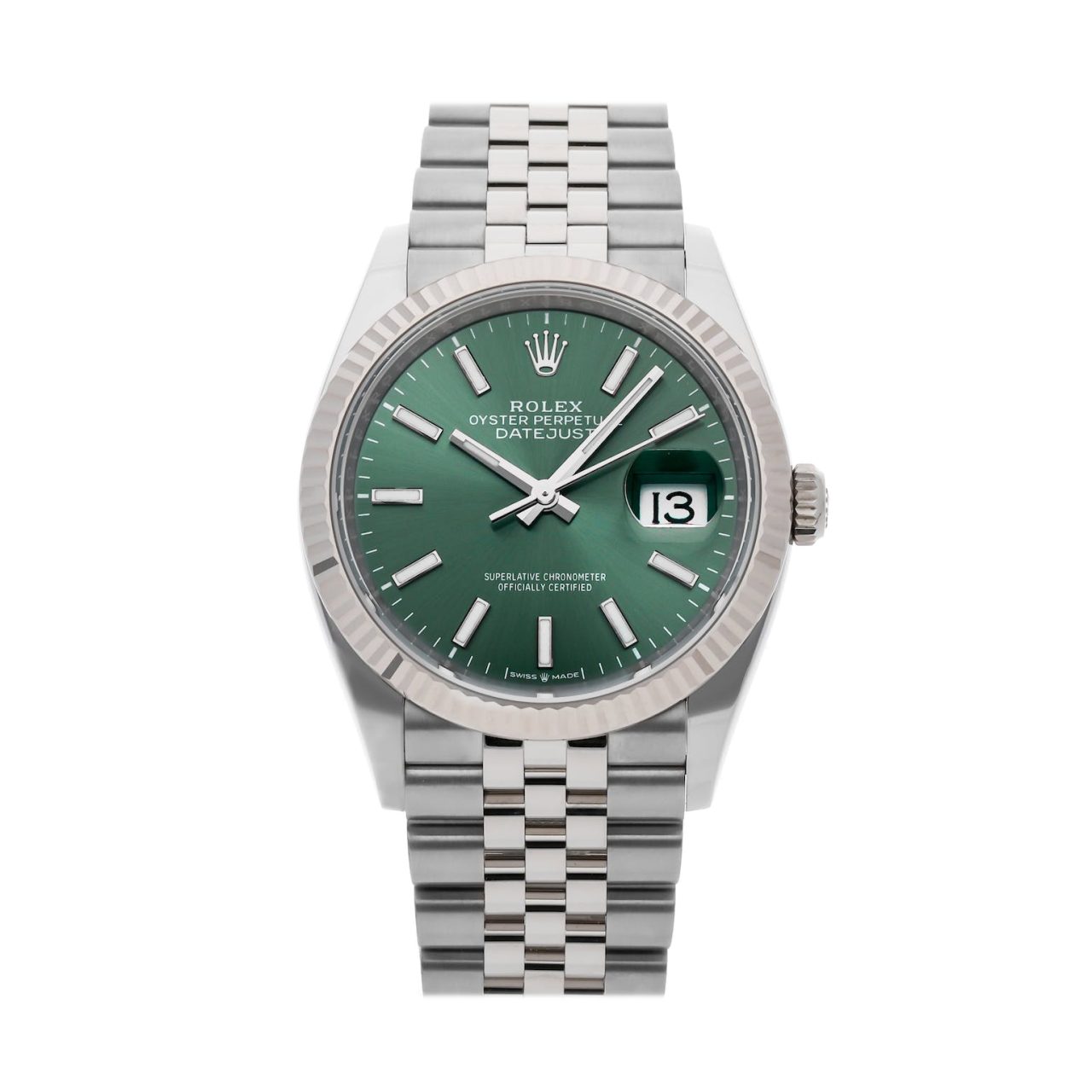 Rolex Datejust 126234-0051, 36mm stainless steel case with a green dial and index markers, Jubilee bracelet, and fluted bezel.