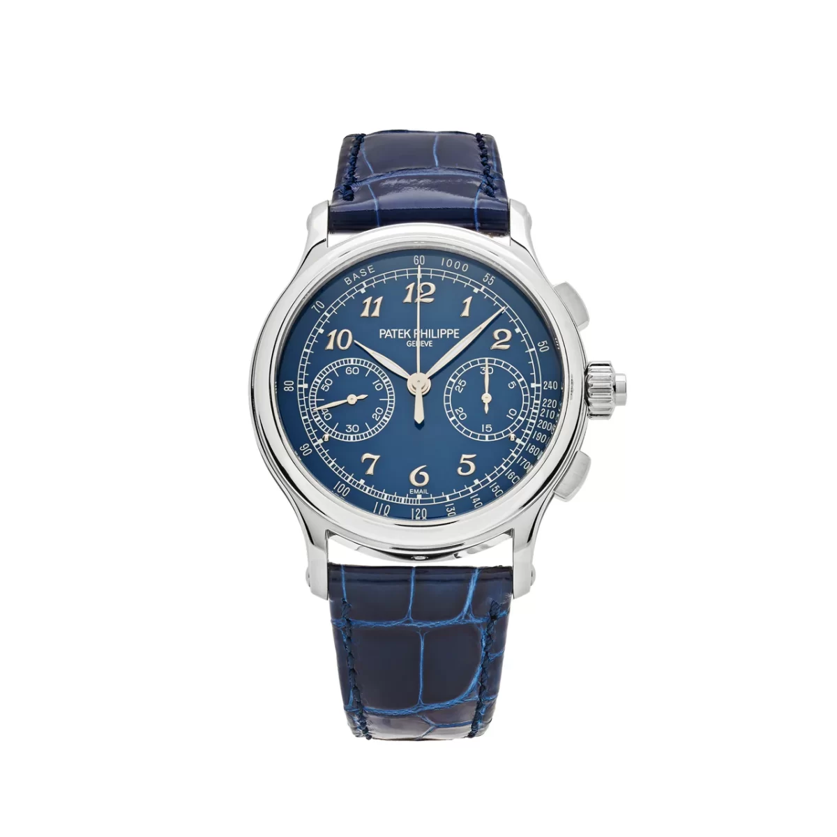 Patek Philippe Grand Complications 5370P-001 Split-Seconds Chronograph in platinum with a Grand Feu blue enamel dial, gold Breguet numerals, and a sophisticated blue leather strap.