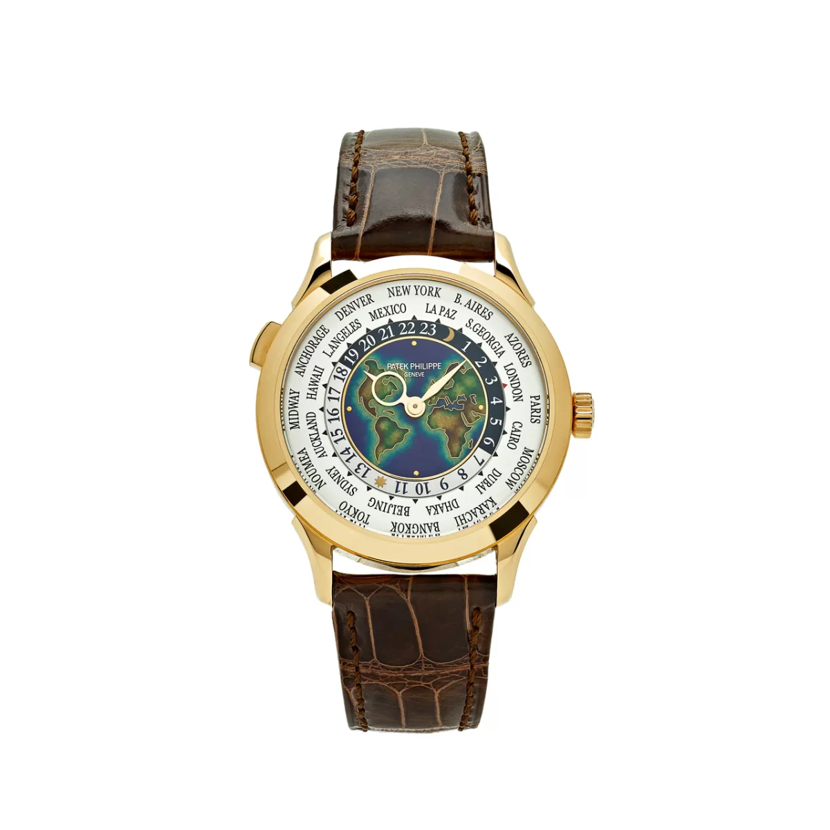Patek Philippe Complications World Time Yellow Gold 5231J-001 with a blue hand-guilloché dial, 18k yellow gold case, and brown alligator leather strap.