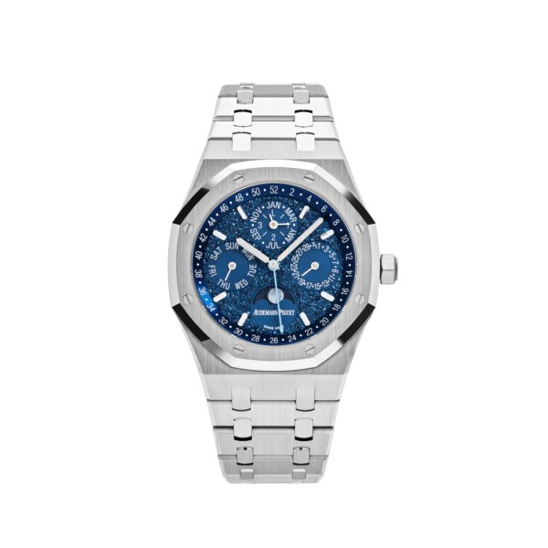 Audemars Piguet Royal Oak 26574BC.OO.1220BC.02 'John Mayer' Perpetual Calendar Limited Edition in 18k white gold with a dark blue dial.