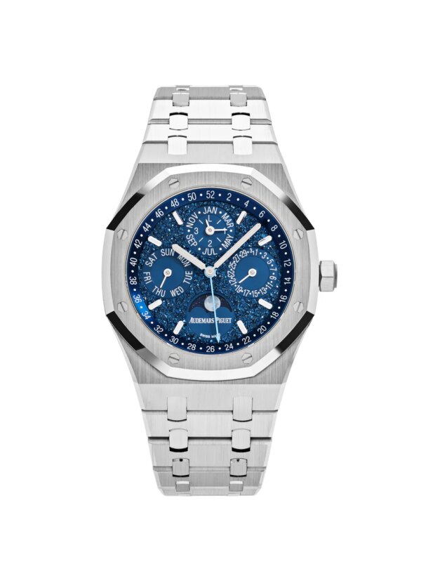 Audemars Piguet Royal Oak 26574BC.OO.1220BC.02 'John Mayer' Perpetual Calendar Limited Edition in 18k white gold with a dark blue dial.