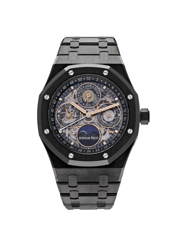 Audemars Piguet Royal Oak Perpetual Calendar 26585CE.OO.1225CE.01 with a 41mm black ceramic case, openwork dial, and black ceramic bracelet.
