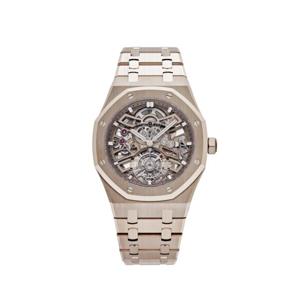 Audemars Piguet Royal Oak Selfwinding Flying Tourbillon Openworked 26735SG.OO.1320SG.01 with 18-carat sand gold case, skeleton dial, and flying tourbillon.