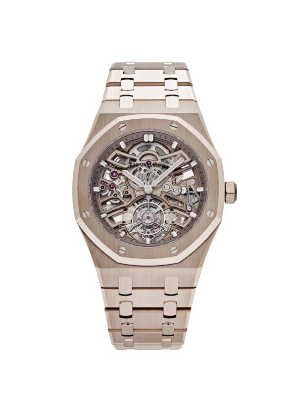 Audemars Piguet Royal Oak Selfwinding Flying Tourbillon Openworked 26735SG.OO.1320SG.01 with 18-carat sand gold case, skeleton dial, and flying tourbillon.