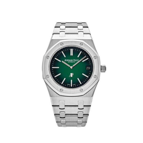 Audemars Piguet Royal Oak 'Jumbo' Extra-Thin 15202PT.OO.1240PT.01 with a 39mm platinum case, smoked green dial, and platinum bracelet.