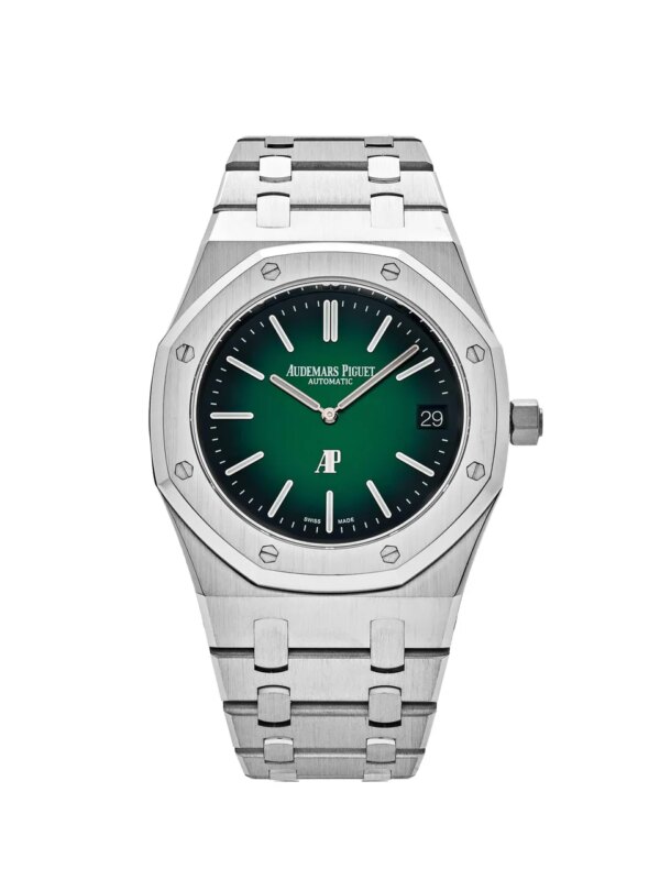 Audemars Piguet Royal Oak 'Jumbo' Extra-Thin 15202PT.OO.1240PT.01 with a 39mm platinum case, smoked green dial, and platinum bracelet.
