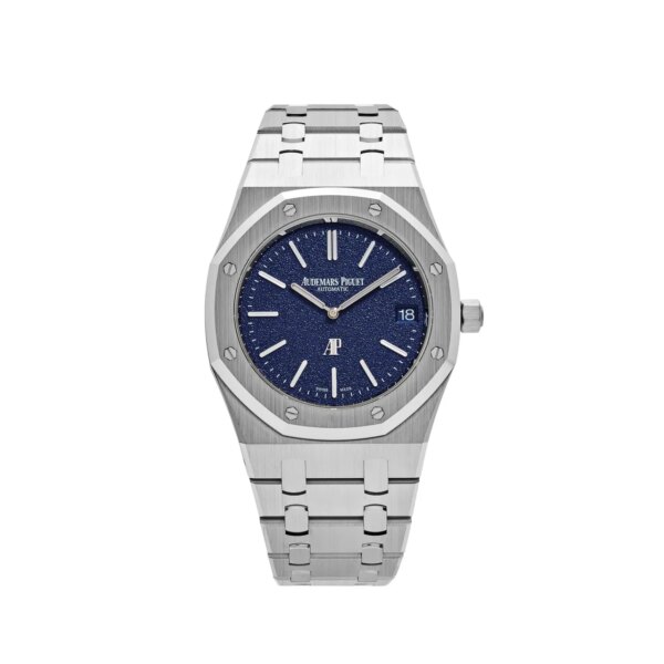 Audemars Piguet Royal Oak 'Jumbo' Extra-Thin 16202BC.OO.1240BC.02 with a 39mm white gold case, grainy blue dial, and white gold bracelet.