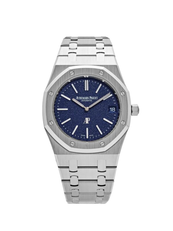 Audemars Piguet Royal Oak 'Jumbo' Extra-Thin 16202BC.OO.1240BC.02 with a 39mm white gold case, grainy blue dial, and white gold bracelet.