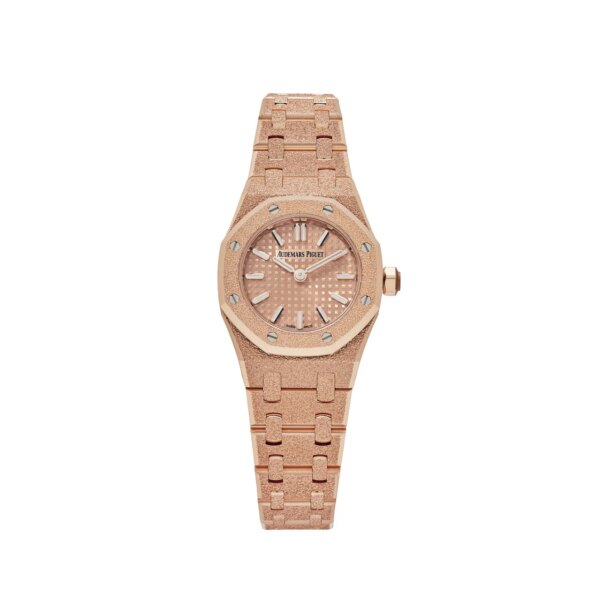 Audemars Piguet Royal Oak 'Mini' in frosted rose gold with a Petite Tapisserie dial.