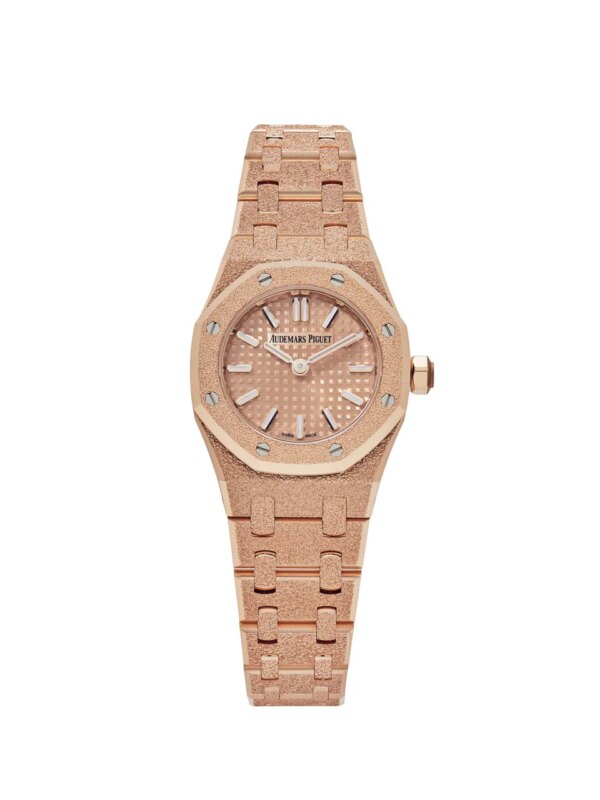 Audemars Piguet Royal Oak 'Mini' in frosted rose gold with a Petite Tapisserie dial.