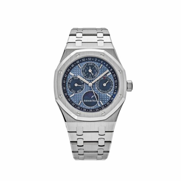 Audemars Piguet Royal Oak Perpetual Calendar in stainless steel with a blue Grande Tapisserie dial.
