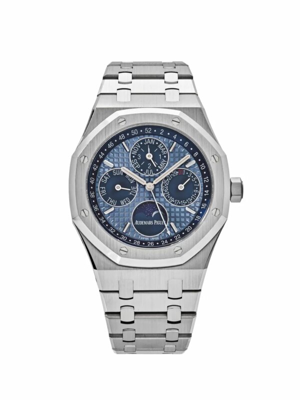 Audemars Piguet Royal Oak Perpetual Calendar in stainless steel with a blue Grande Tapisserie dial.