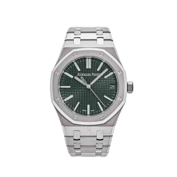 Audemars Piguet Royal Oak Selfwinding 15510ST.OO.1320ST.09 with a 41mm stainless steel case, khaki green Grande Tapisserie dial, and stainless steel bracelet.