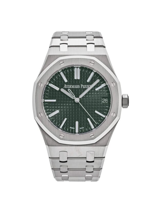 Audemars Piguet Royal Oak Selfwinding 15510ST.OO.1320ST.09 with a 41mm stainless steel case, khaki green Grande Tapisserie dial, and stainless steel bracelet.
