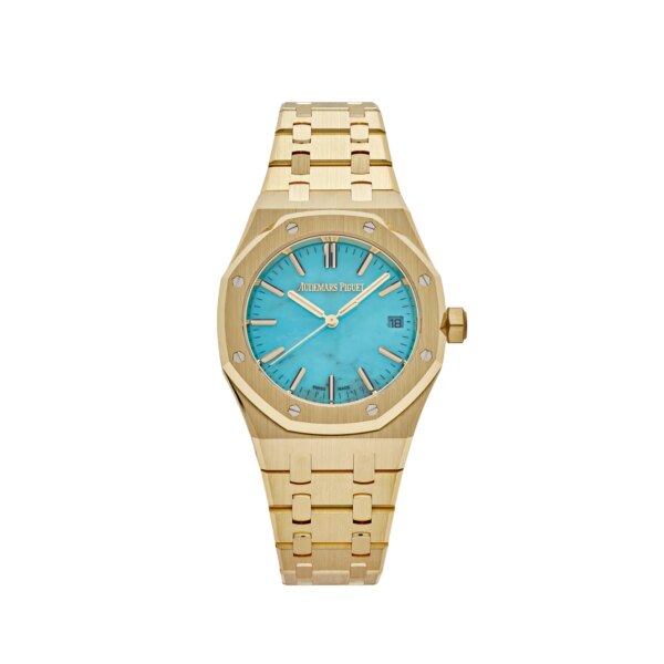 Audemars Piguet Royal Oak Selfwinding in 18-carat yellow gold with a turquoise dial.