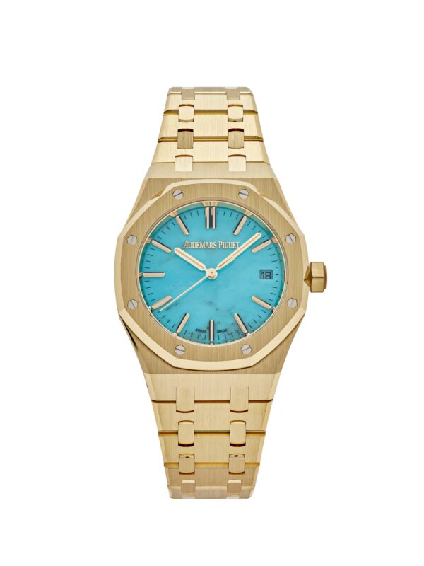 Audemars Piguet Royal Oak Selfwinding in 18-carat yellow gold with a turquoise dial.