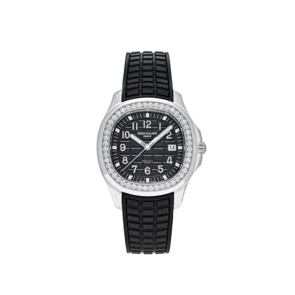 Patek Philippe Aquanaut Luce 5267/200A-001 'Ladies Tiffany & Co.' with a 38.8mm stainless steel case, diamond bezel, black dial, and rubber strap.