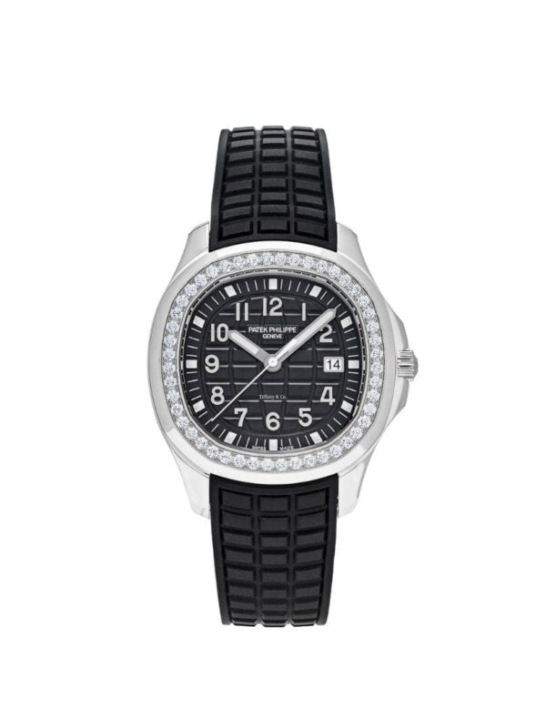Patek Philippe Aquanaut Luce 5267/200A-001 'Ladies Tiffany & Co.' with a 38.8mm stainless steel case, diamond bezel, black dial, and rubber strap.