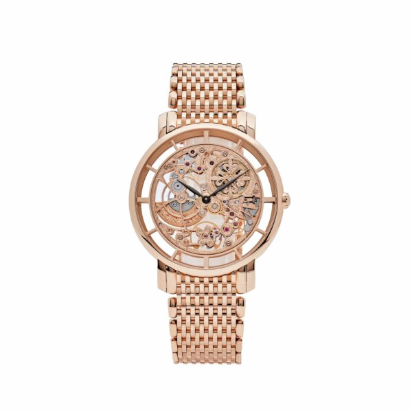Patek Philippe Calatrava 5180/1R-001 Rose Gold Skeleton Dial showcasing intricate inner workings in a 39mm case with an automatic movement.