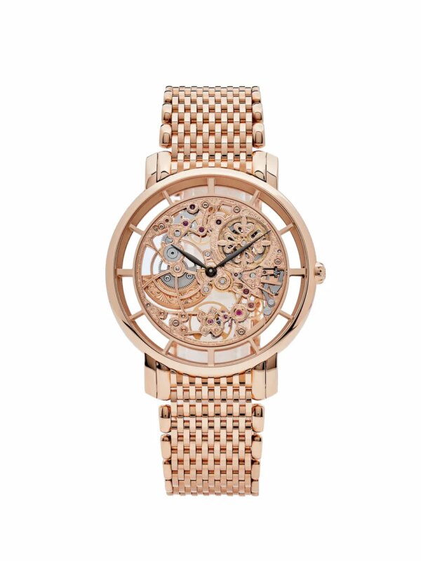 Patek Philippe Calatrava 5180/1R-001 Rose Gold Skeleton Dial showcasing intricate inner workings in a 39mm case with an automatic movement.