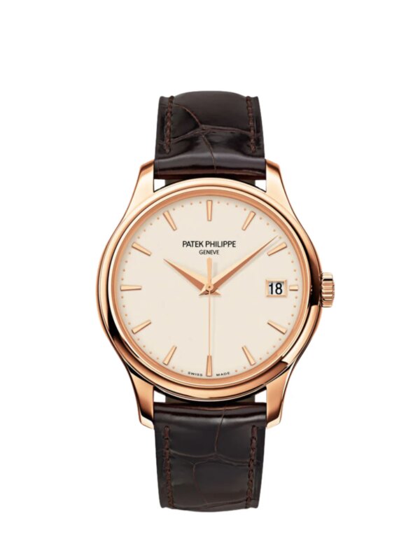 Patek Philippe Calatrava Date Tiffany & Co. Rose Gold 5227R-001 with an 18k rose gold case, white lacquered dial, and brown alligator leather strap.