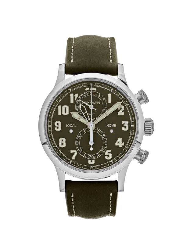 Patek Philippe Reference 5924G-010 Pilot Chronograph with khaki green lacquered dial and olive green vintage finish strap. Features a 42mm white gold case, Travel Time function, and hand-coupled date indication. Includes original box and papers.