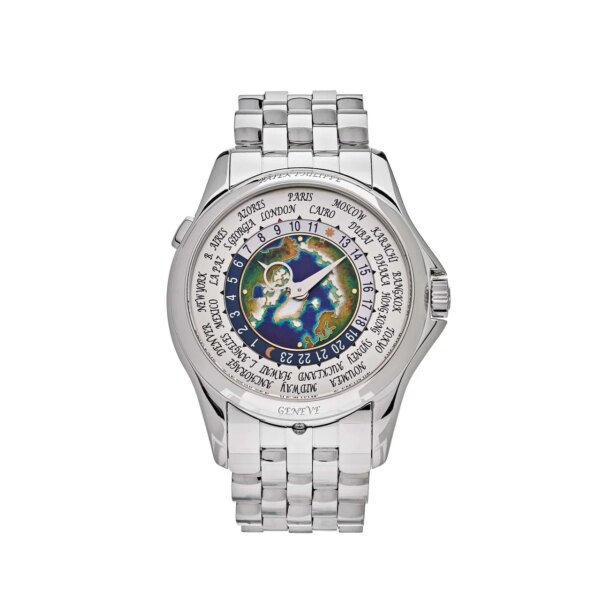 Patek Philippe Complications World Time 5131/1P-001 in platinum with a blue guilloché dial, displaying world time zones and featuring a platinum bracelet.