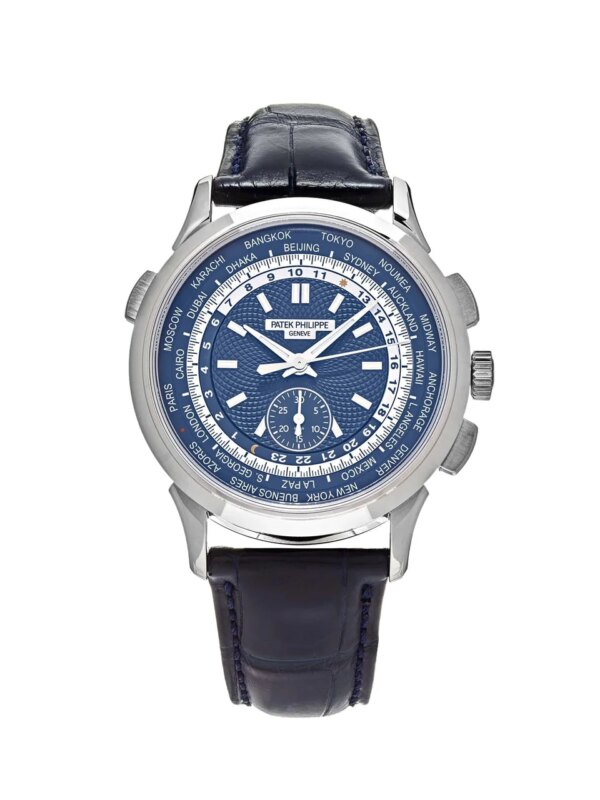 Patek Philippe Complications 5930G-010 watch with blue guilloché dial, white gold case, and blue alligator leather strap.