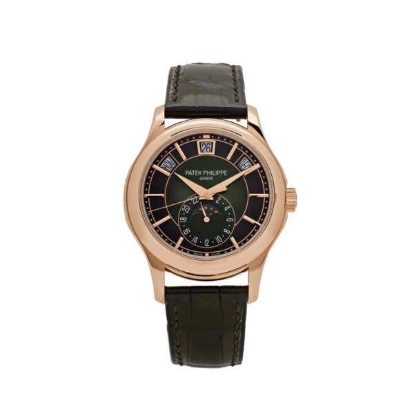 Patek Philippe Complications Annual Calendar 5205R-001 with a 40mm rose gold case, olive green dial, and annual calendar mechanism, complemented by a luxurious alligator leather strap.