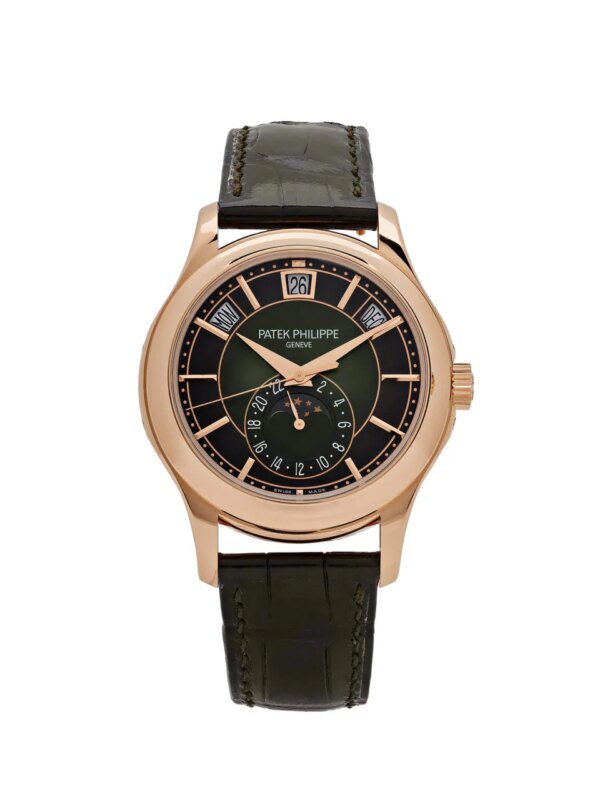 Patek Philippe Complications Annual Calendar 5205R-001 with a 40mm rose gold case, olive green dial, and annual calendar mechanism, complemented by a luxurious alligator leather strap.