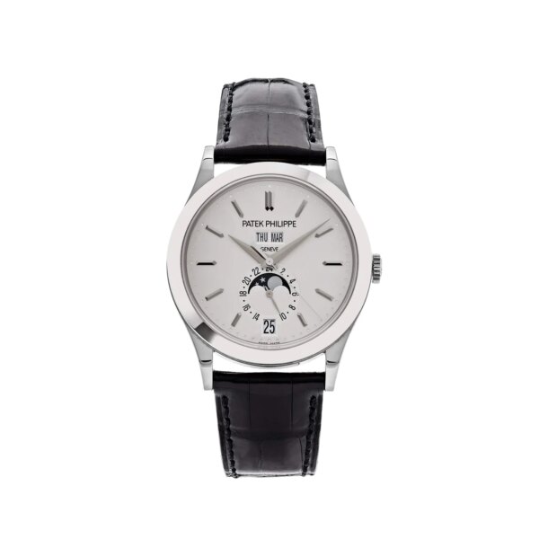 Patek Philippe Complications Annual Calendar Moon Phase 5396G-011 watch with 18k white gold case, silvery opaline dial, and black alligator strap.