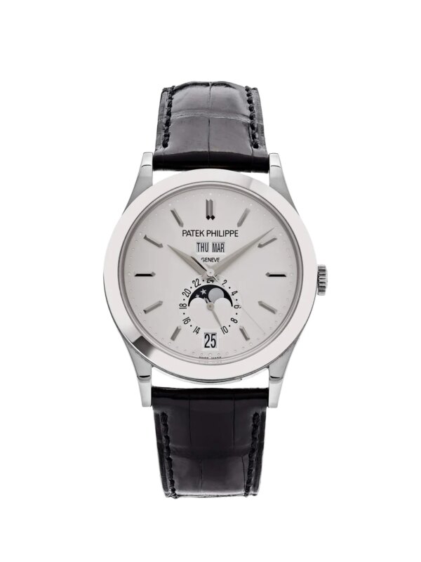 Patek Philippe Complications Annual Calendar Moon Phase 5396G-011 watch with 18k white gold case, silvery opaline dial, and black alligator strap.