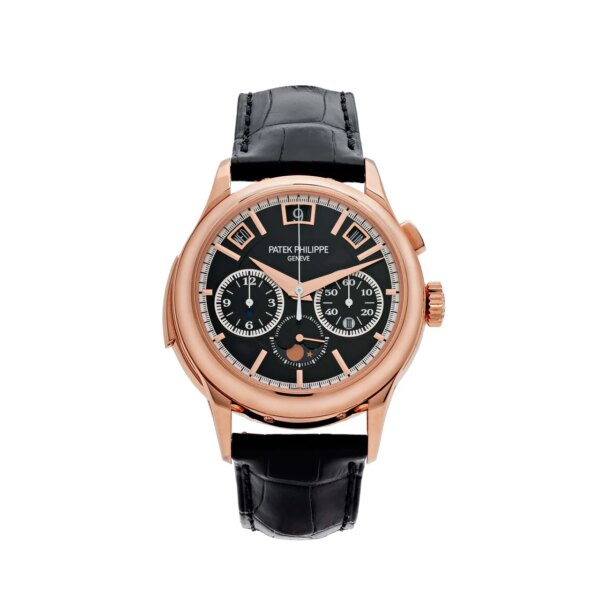 Patek Philippe Grand Complications 5208R-001, featuring a Minute Repeater Perpetual Calendar, rose gold case, black dial, and alligator leather strap.