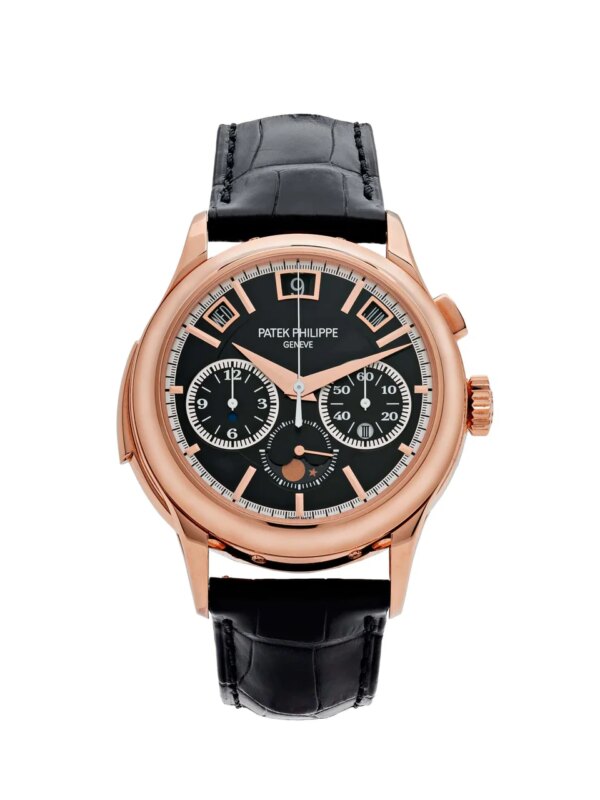 Patek Philippe Grand Complications 5208R-001, featuring a Minute Repeater Perpetual Calendar, rose gold case, black dial, and alligator leather strap.