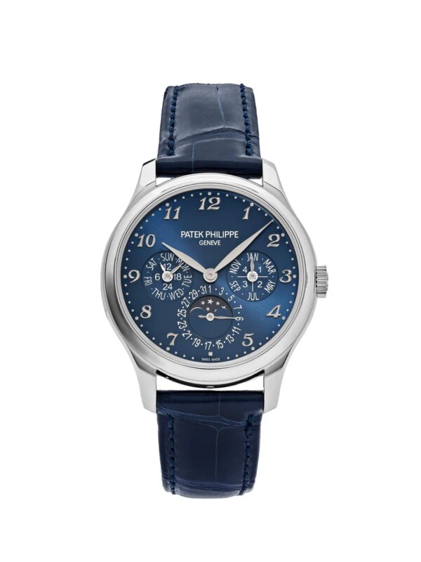 Patek Philippe Grand Complications 5327G-001 Perpetual Calendar watch, 39mm white gold case with blue dial, blue alligator leather strap, and exhibition case back.