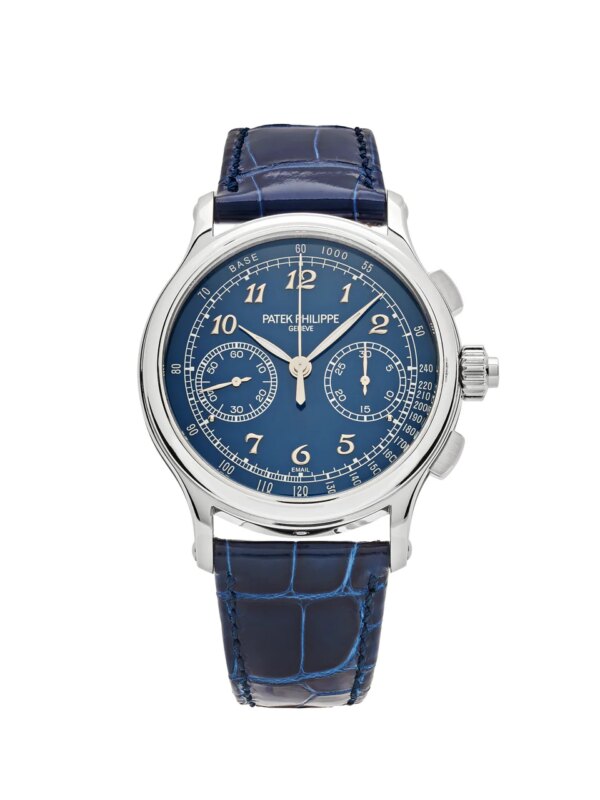 Patek Philippe Grand Complications 5370P-001 Split-Seconds Chronograph in platinum with a Grand Feu blue enamel dial, gold Breguet numerals, and a sophisticated blue leather strap.