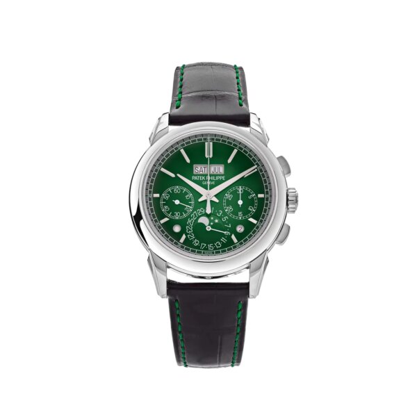 Patek Philippe Grand Complications Perpetual Calendar Chronograph 5270P-014 in Platinum with a black dial, featuring perpetual calendar and chronograph complications and an alligator leather strap.
