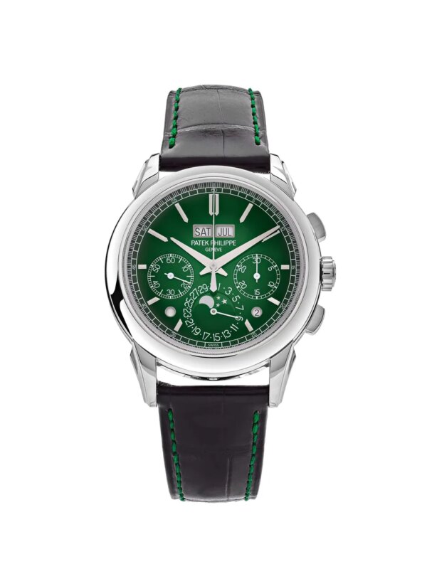 Patek Philippe Grand Complications Perpetual Calendar Chronograph 5270P-014 in Platinum with a black dial, featuring perpetual calendar and chronograph complications and an alligator leather strap.