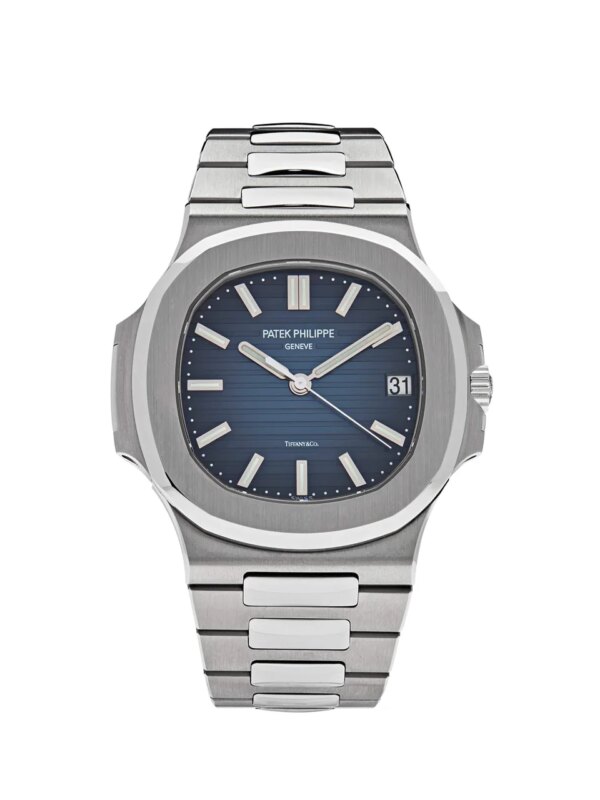 Patek Philippe Nautilus Stainless Steel Blue Tiffany & Co. Dial 5711/1A-010 with a stainless steel case, blue dial, and integrated stainless steel bracelet.