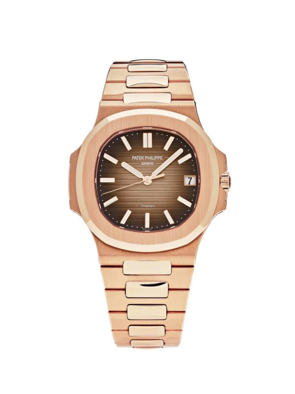 Patek Philippe Nautilus Rose Gold Tiffany & Co. Dial 5711/1R-001 with a 40.5mm rose gold case, brown embossed dial, and integrated rose gold bracelet.