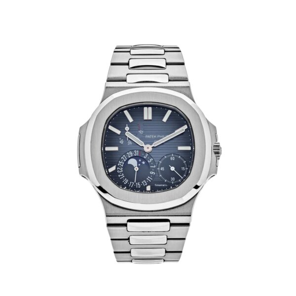 Patek Philippe Nautilus Moonphase Steel Tiffany Blue Dial 5712/1A-001 with a 40mm stainless steel case, Tiffany blue dial, and moonphase complication.