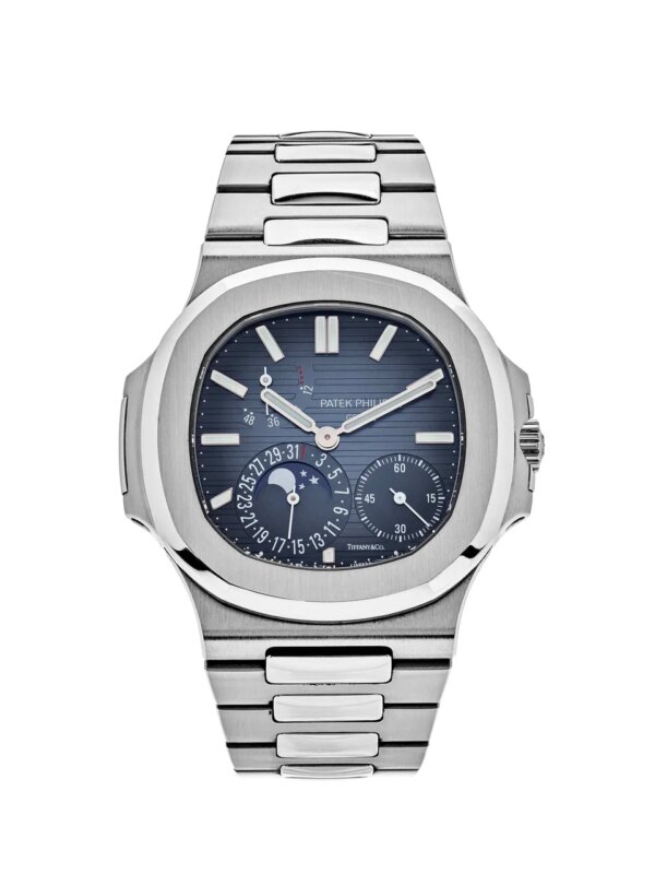 Patek Philippe Nautilus Moonphase Steel Tiffany Blue Dial 5712/1A-001 with a 40mm stainless steel case, Tiffany blue dial, and moonphase complication.