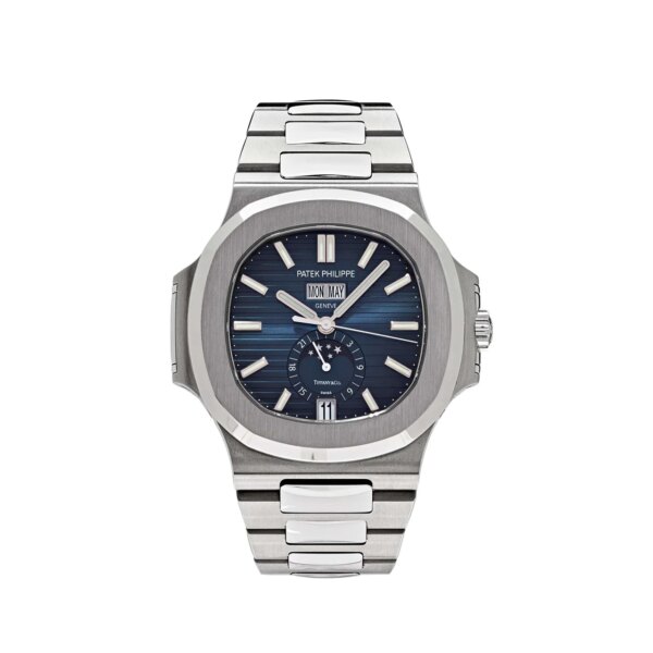 Patek Philippe Nautilus 5726/1A 'Tiffany & Co.' Stainless Steel Blue Dial Moon Phase Annual Calendar featuring a 40mm stainless steel case and Tiffany blue dial.