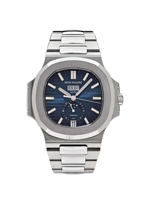 Patek Philippe Nautilus 5726/1A 'Tiffany & Co.' Stainless Steel Blue Dial Moon Phase Annual Calendar featuring a 40mm stainless steel case and Tiffany blue dial.