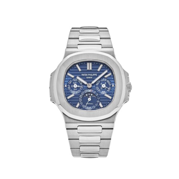 Patek Philippe Nautilus Perpetual Calendar Tiffany & Co. Blue Dial 5740/1G-001 with 18k white gold case, blue dial, and integrated Perpetual Calendar complications.