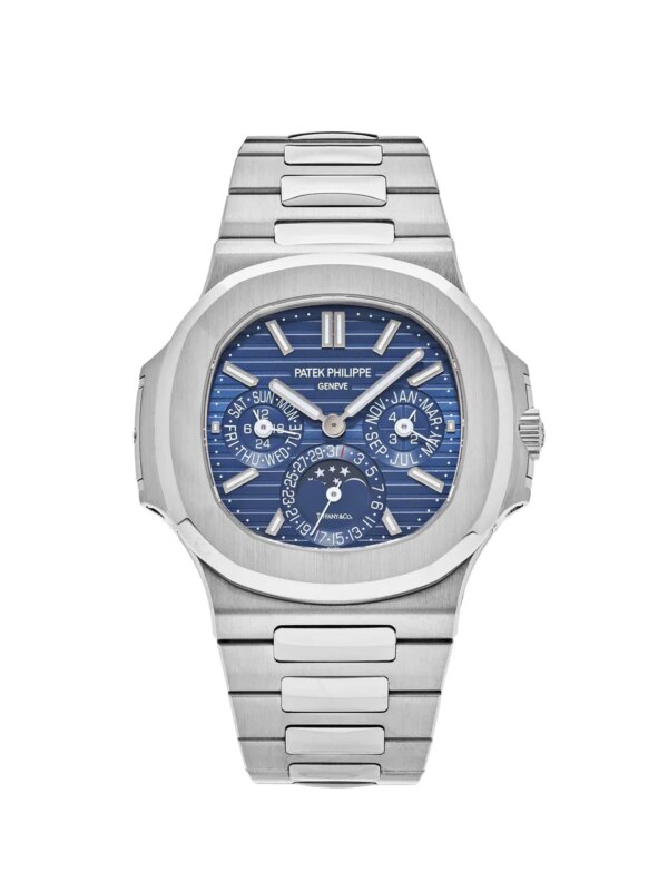 Patek Philippe Nautilus Perpetual Calendar Tiffany & Co. Blue Dial 5740/1G-001 with 18k white gold case, blue dial, and integrated Perpetual Calendar complications.