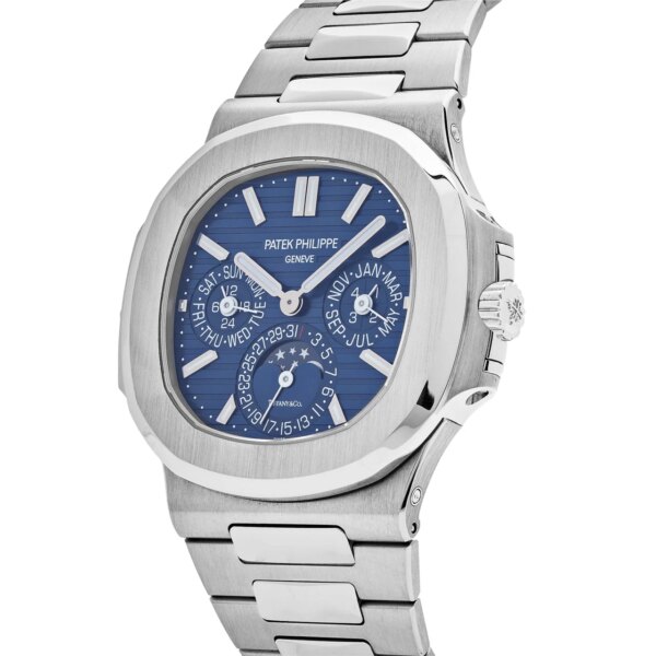 Right view of Patek Philippe Nautilus Perpetual Calendar Tiffany & Co. Blue Dial 5740/1G-001 with 18k white gold case, blue dial, and integrated Perpetual Calendar complications.
